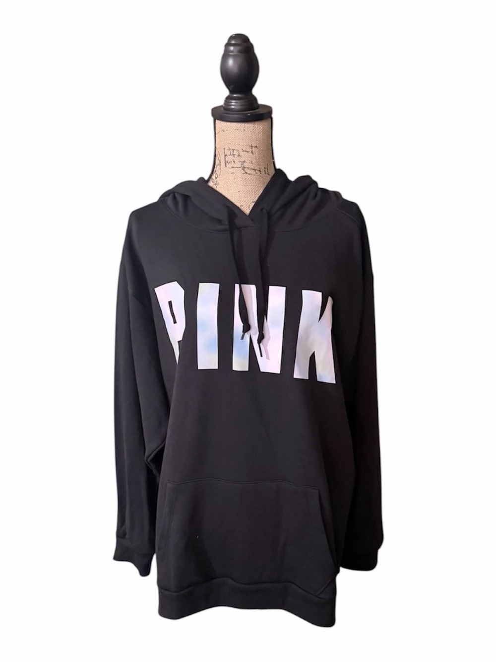 PINK Victoria's Secret Black Hoodie with Iridescent Logo